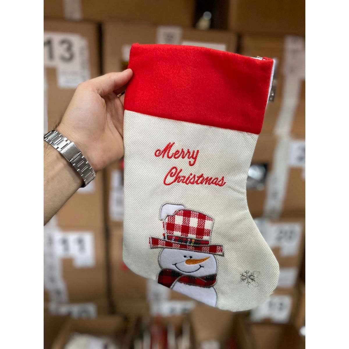 Ciorap Cadouri, Culoare Alba, Imprimeu Om de Zapada, Marimea 15x30 cm, Flippy