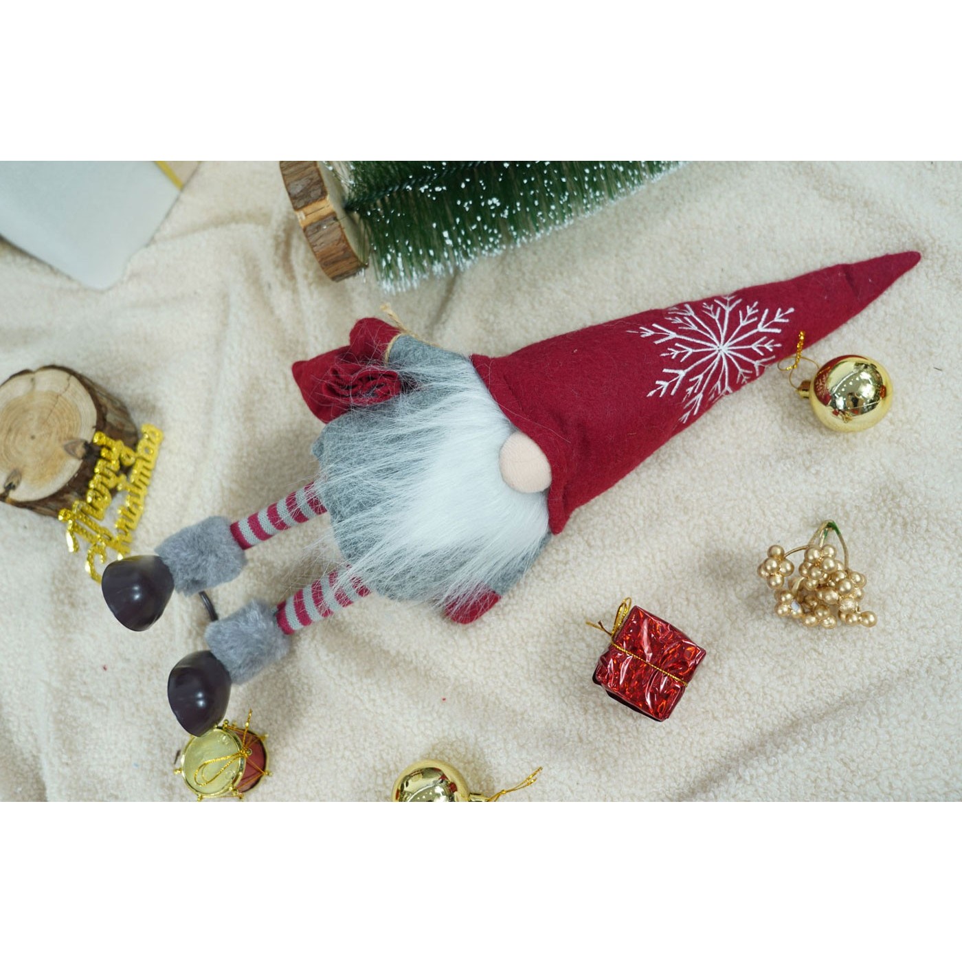 Ornament de Craciun spiridus, Flippy, gri/alb, textil, 42 cm