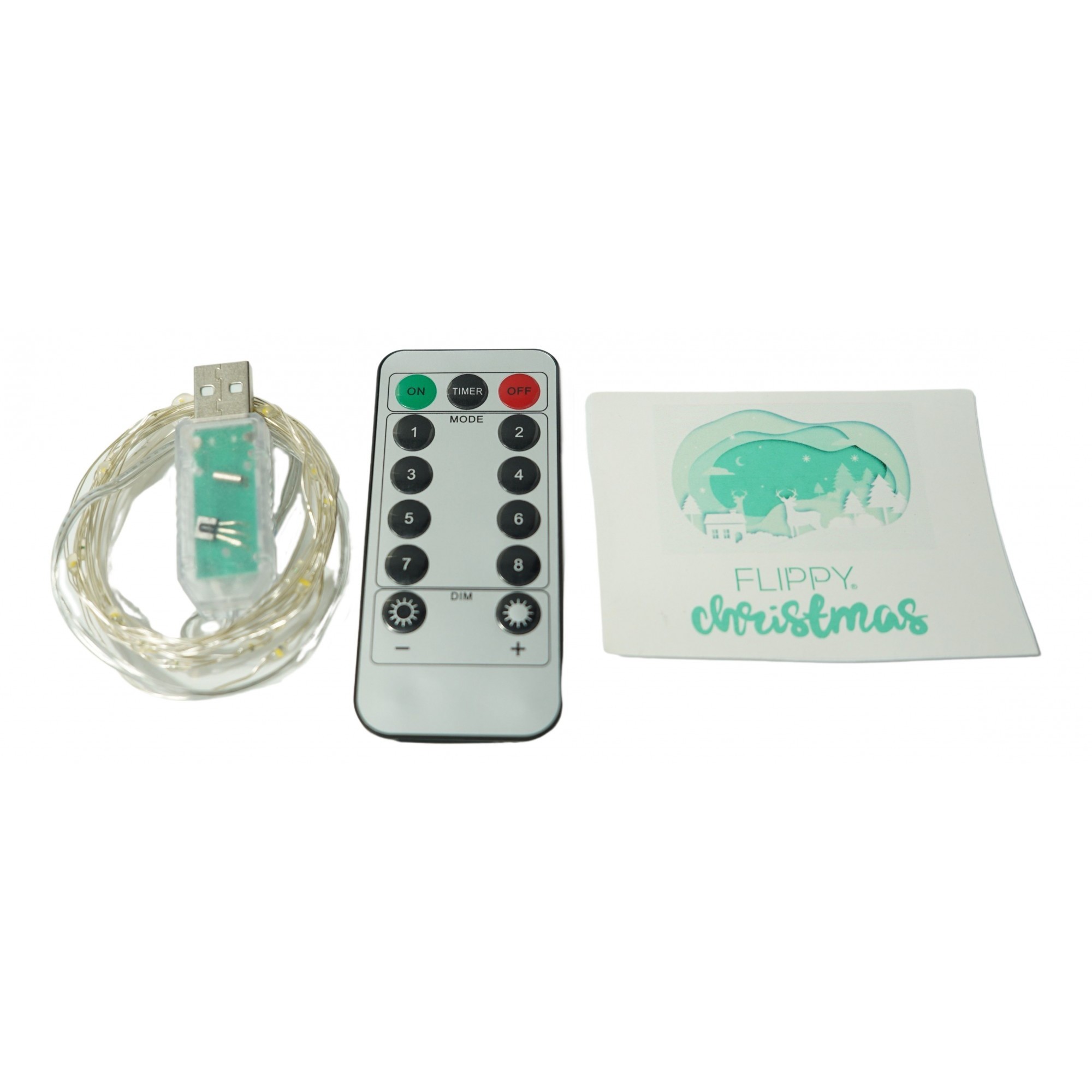 Instalatie Craciun, 2 metri, 20 LED-uri, alb cald, telecomanda 8 functii, USB, fir cupru, liniar, interior/exterior, Flippy