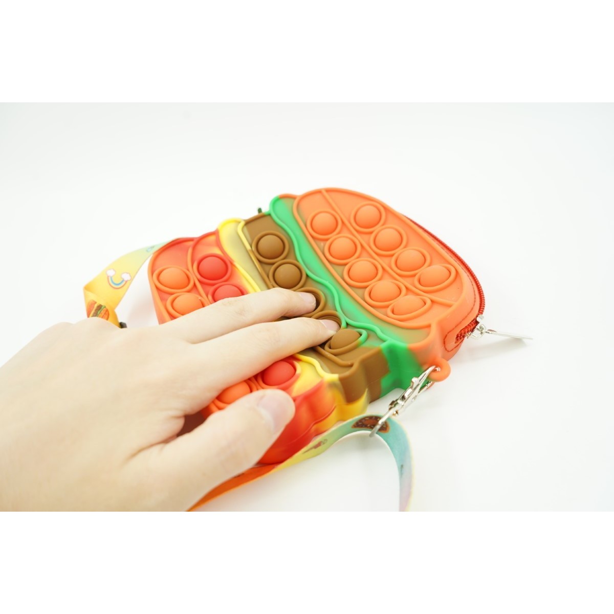 Jucarie antistres din silicon, Flippy, Pop It Now and Flip It, Geanta de umar, Hamburger, Portocaliu