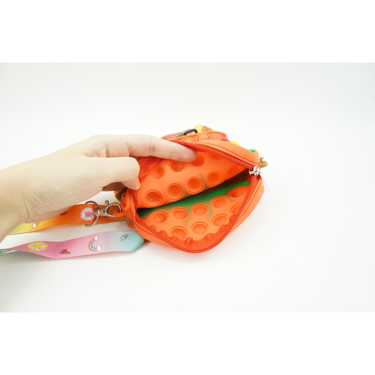 Jucarie antistres din silicon, Flippy, Pop It Now and Flip It, Geanta de umar, Hamburger, Portocaliu