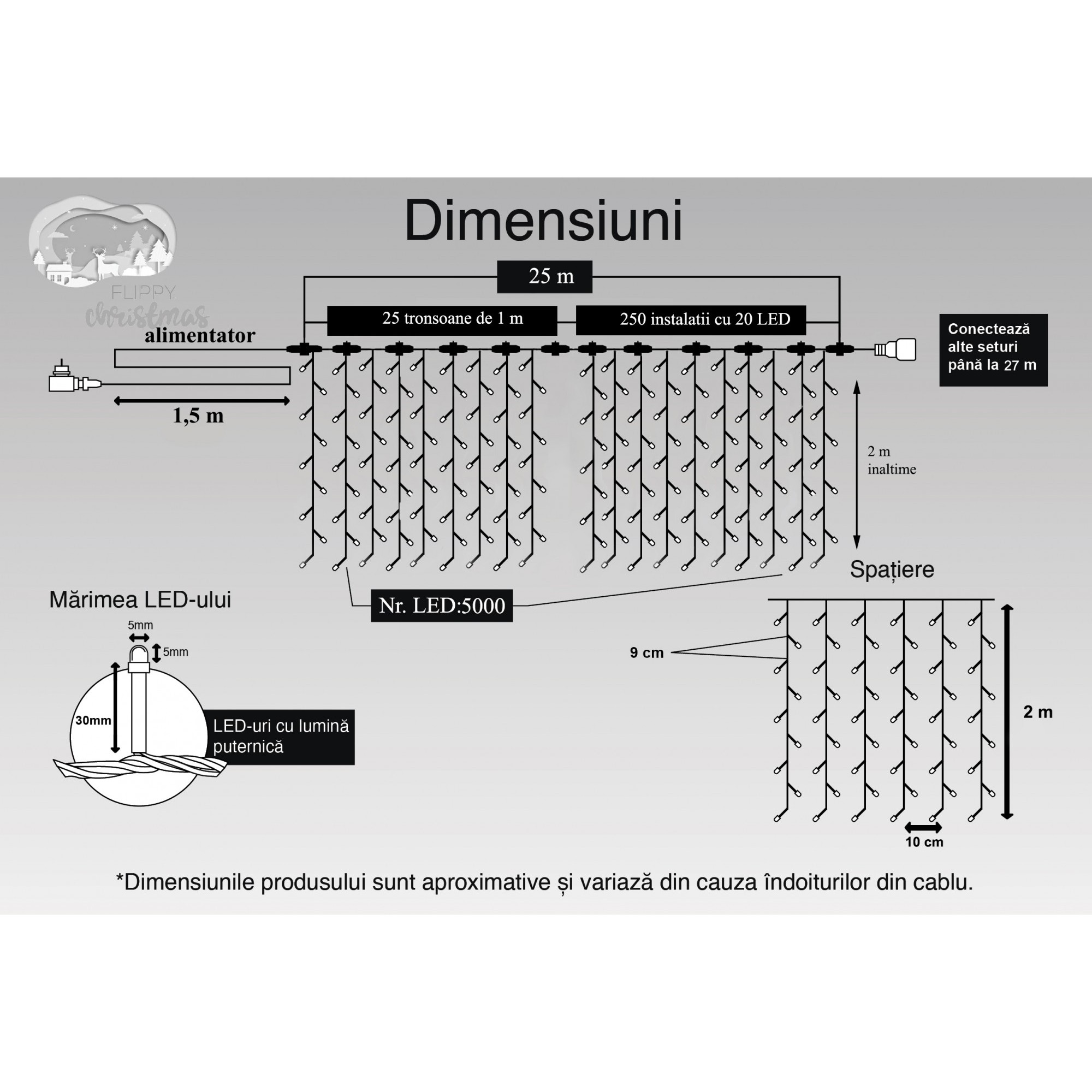 Instalatie Craciun Profesionala de Exterior IP65, Tip Perdea, 26m x 2m, 5200 Led-uri Mari, Alb cald, cu flash, Alimentator 1,5 m, Interconectabila, Fir negru, Flippy
