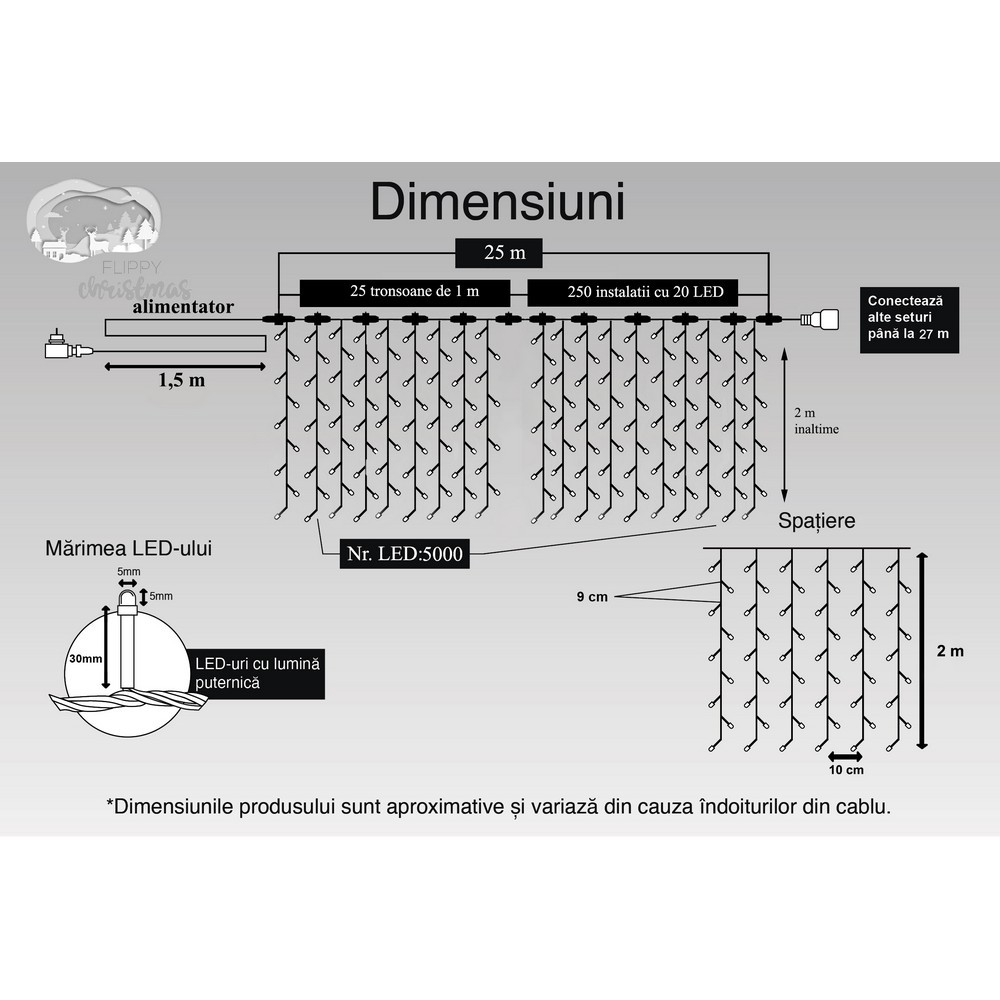 Instalatie Craciun Profesionala de Exterior IP65, Tip Perdea, 26m x 2m, 5200 Led-uri Mari, Alb cald, cu flash, Alimentator 1,5 m, Interconectabila, Fir negru, Flippy