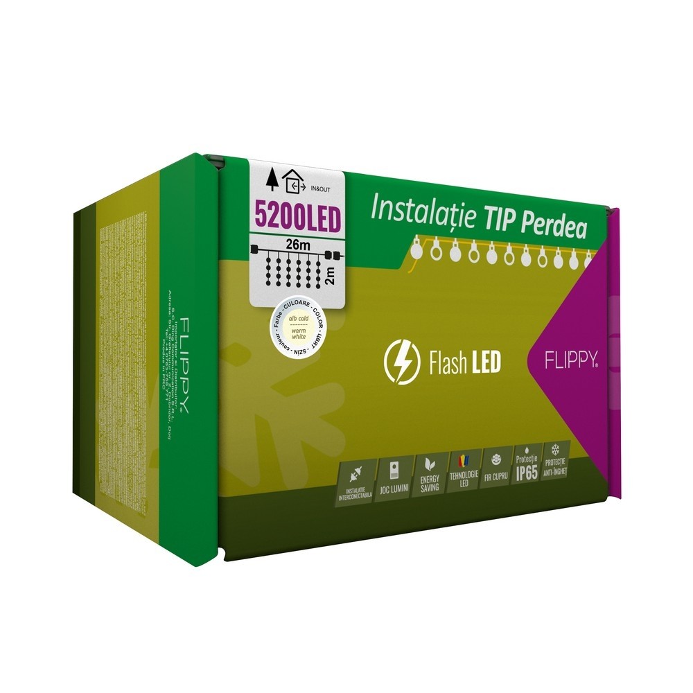 Instalatie Craciun Profesionala de Exterior IP65, Tip Perdea, 26m x 2m, 5200 Led-uri Mari, Alb cald, cu flash, Alimentator 1,5 m, Interconectabila, Fir negru, Flippy