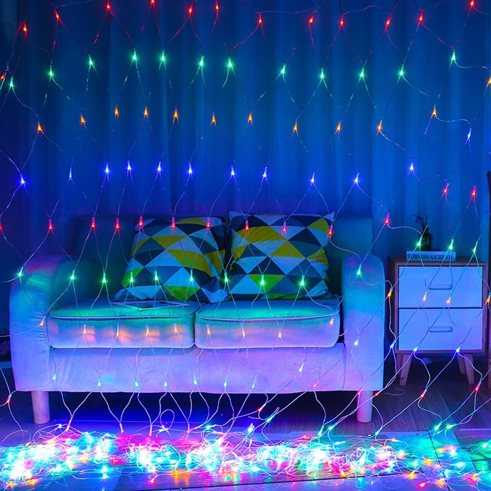 Instalatie Craciun, Tip Plasa, 1 m x 2 m, 80 LED-uri, Multicolor, 8 jocuri de lumini, Transformator cu telecomanda, Interconectabila, Prelungitor 5 m inclus, Fir transparent, Flippy