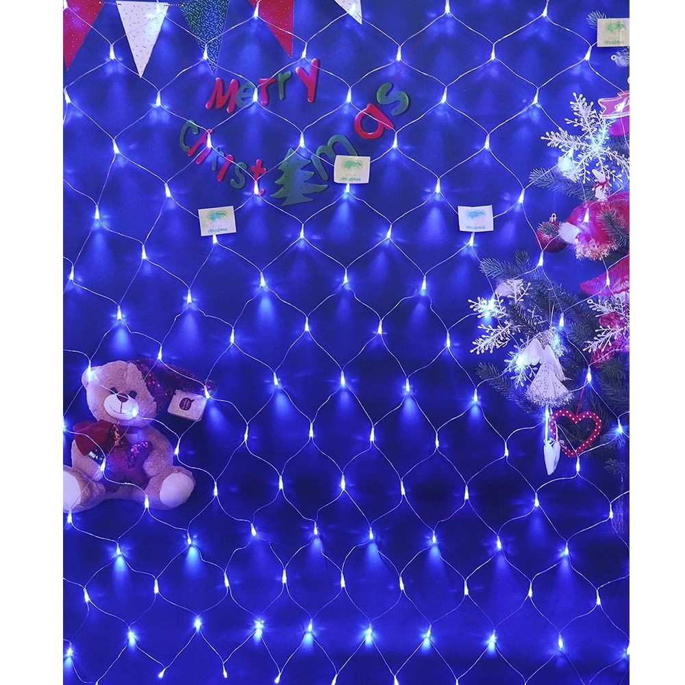 Instalatie Craciun, Tip Plasa, 15 m x 2 m, 1200 LED-uri, Albastru, 8 jocuri de lumini, Transformator, Interconectabila, Prelungitor 5 m inclus, Fir transparent, Flippy