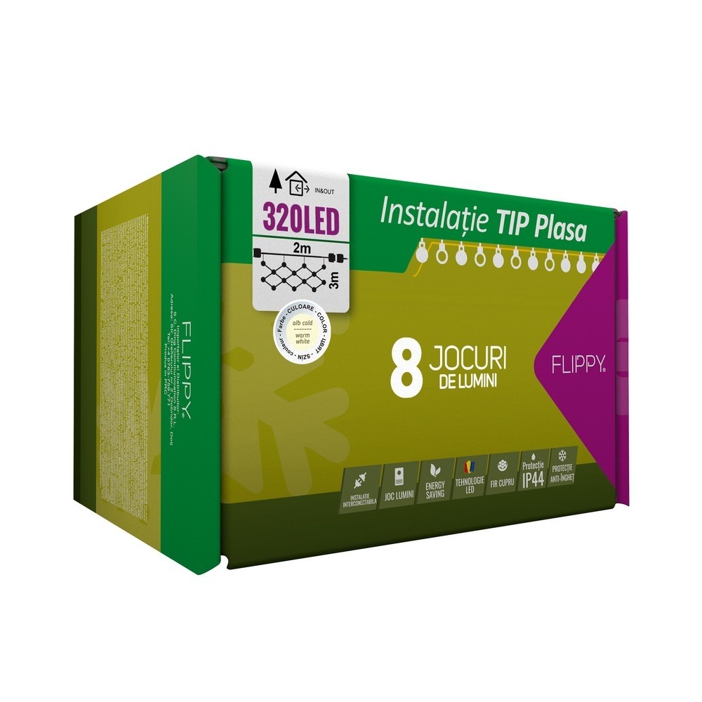 Instalatie Craciun, Tip Plasa, 2 m x 3 m, 320 LED-uri, Alb cald, 8 jocuri de lumini, Transformator, Interconectabila, Prelungitor 5 m inclus, Fir transparent, Flippy