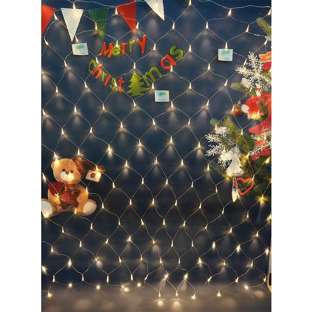 Instalatie Craciun, Tip Plasa, 7 m x 3 m, 800 LED-uri, Alb cald, 8 jocuri de lumini, Transformator, Interconectabila, Prelungitor 5 m inclus, Fir transparent, Flippy