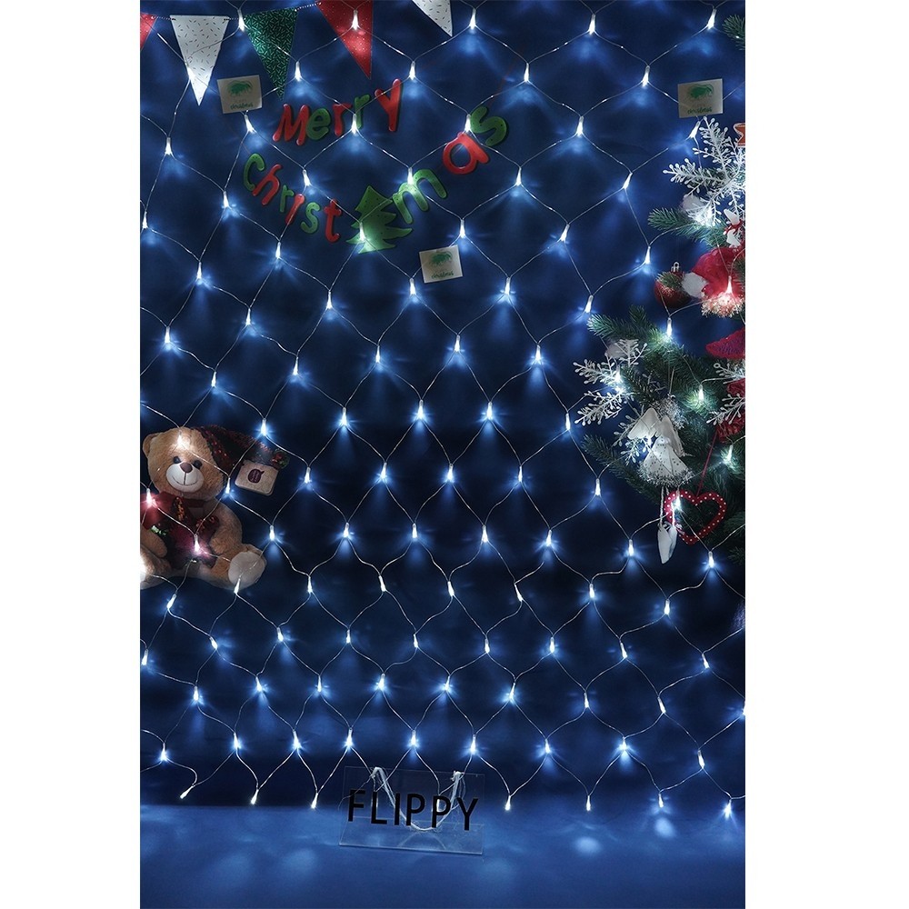 Instalatie Craciun, Tip Plasa, 1 m x 3 m, 160 LED-uri, Alb rece, 8 jocuri de lumini, Transformator, Interconectabila, Prelungitor 5 m inclus, Fir transparent, Flippy