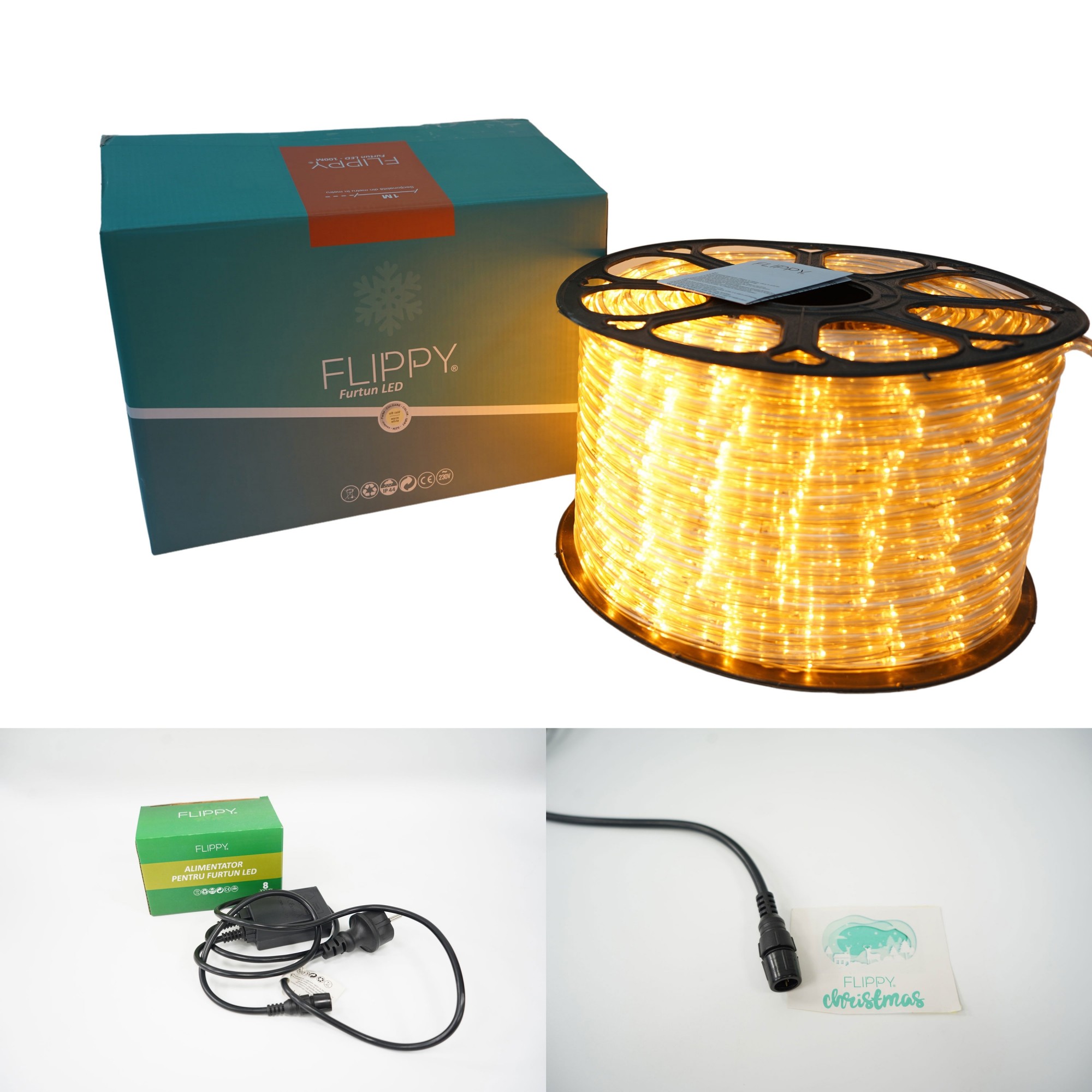 Instalatie Craciun, 3 m, 72 Led-uri ,Furtun Luminos, Alb cald, 8 jocuri de lumini, Transformator, Sectionabila, 220 V, Flippy