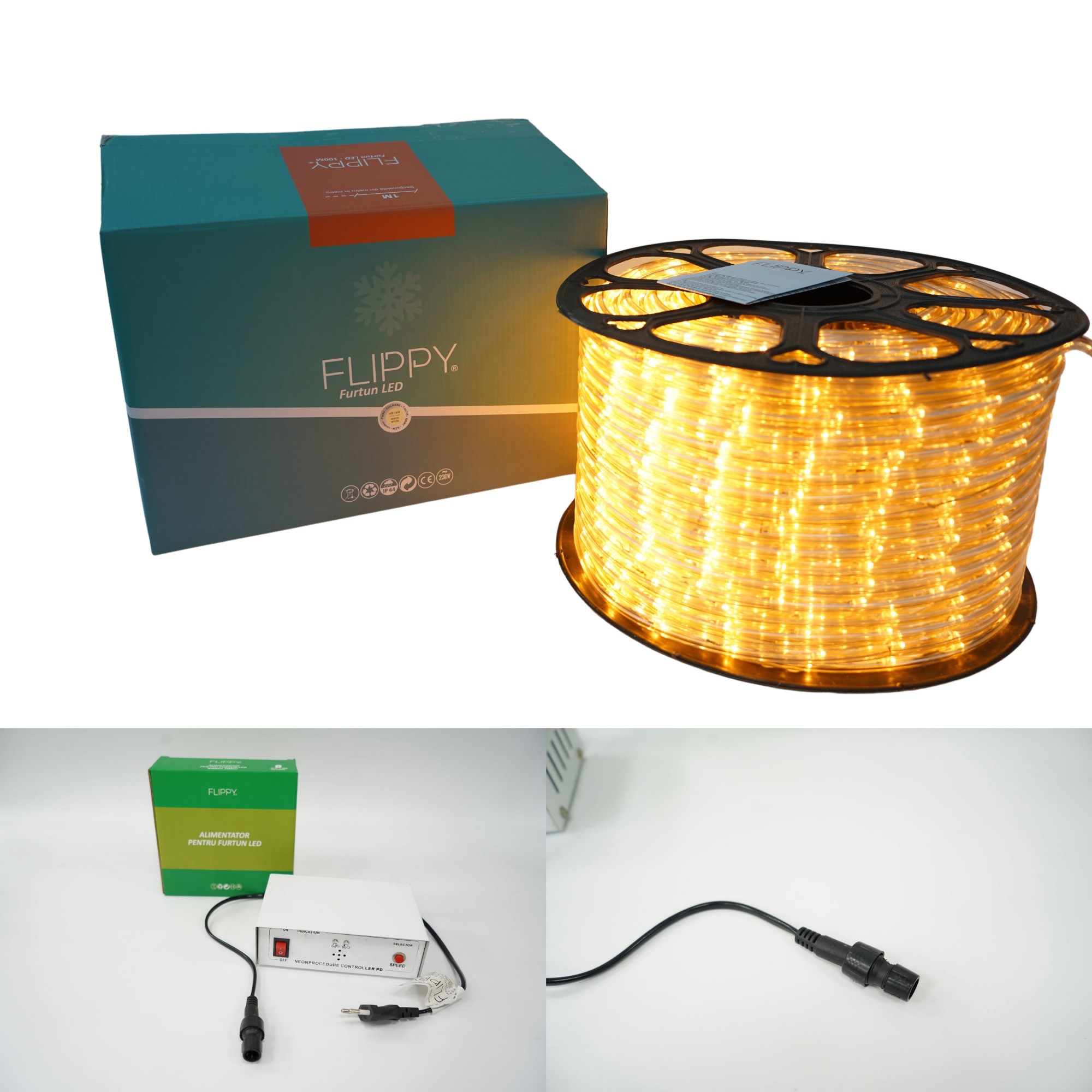 Instalatie Craciun, 71 m, 1704 Led-uri ,Furtun Luminos, Alb cald, 8 jocuri de lumini, Transformator, Sectionabila, 220 V, Flippy
