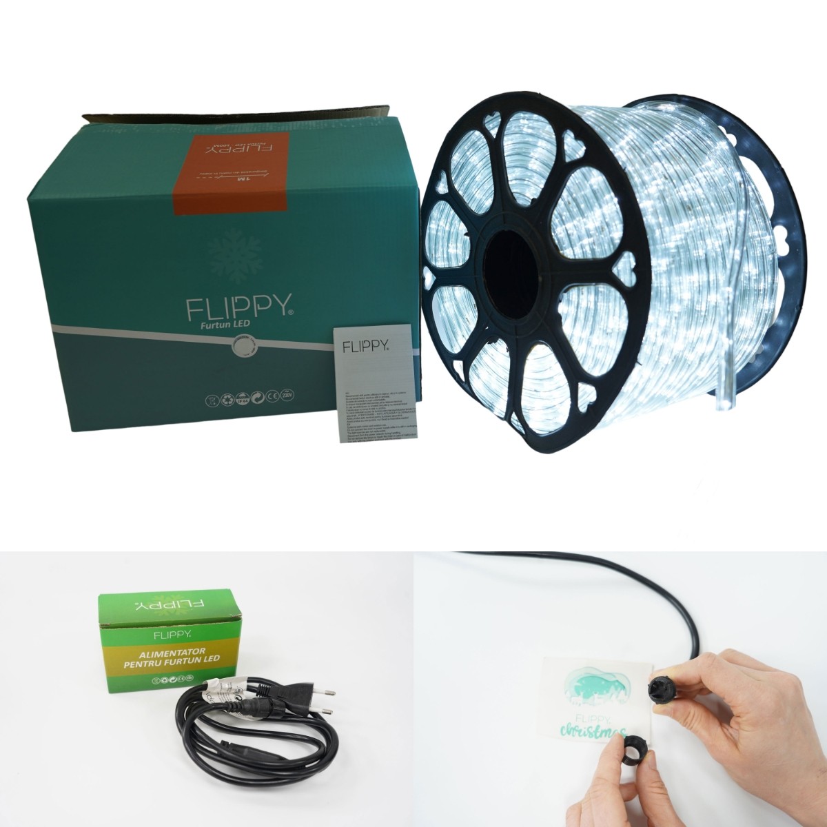 Instalatie Craciun, 29 m, 696 Led-uri, Furtun Luminos, Alb rece, Transformator, Sectionabila, 220 V, Flippy