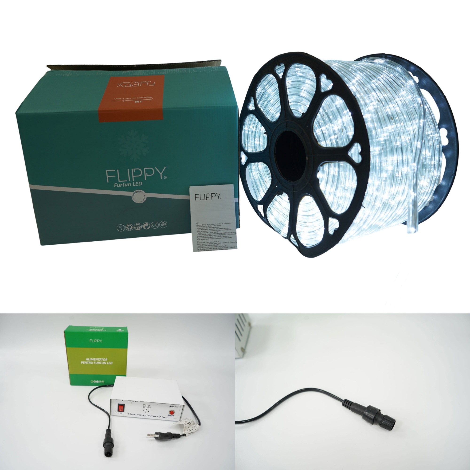 Instalatie Craciun, 71 m, 1704 Led-uri, Furtun Luminos, Alb rece, Transformator, 8 jocuri de lumini, Sectionabila, 220 V, Flippy