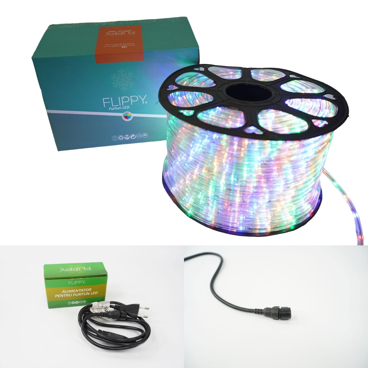 Instalatie Craciun, 61 m, 1464 Led-uri, Furtun Luminos, Multicolor, Transformator, Sectionabila, 220 V, Flippy