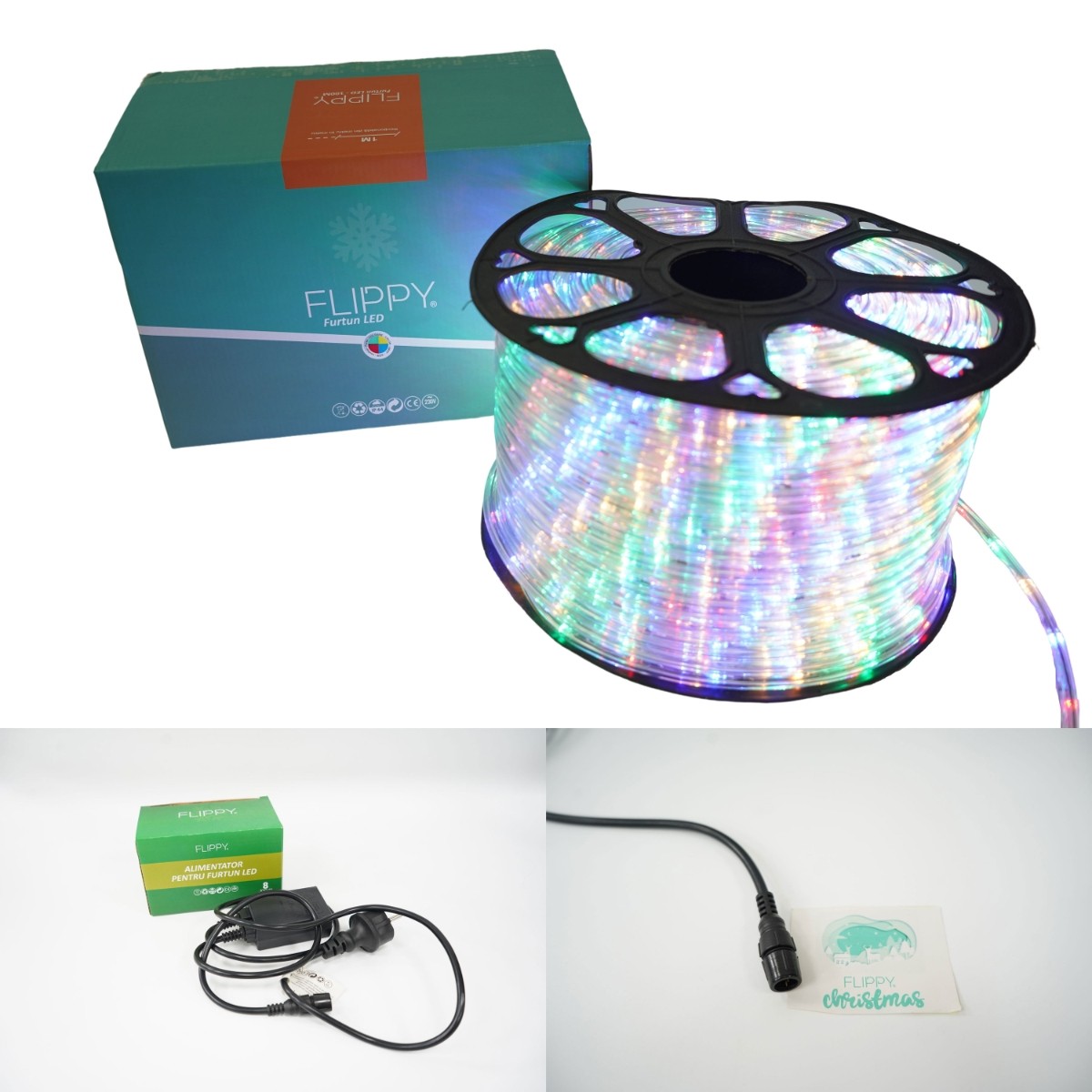 Instalatie Craciun, 1 m, 24 Led-uri, Furtun Luminos, Multicolor, Transformator, 8 jocuri de lumini, Sectionabila, 220 V, Flippy