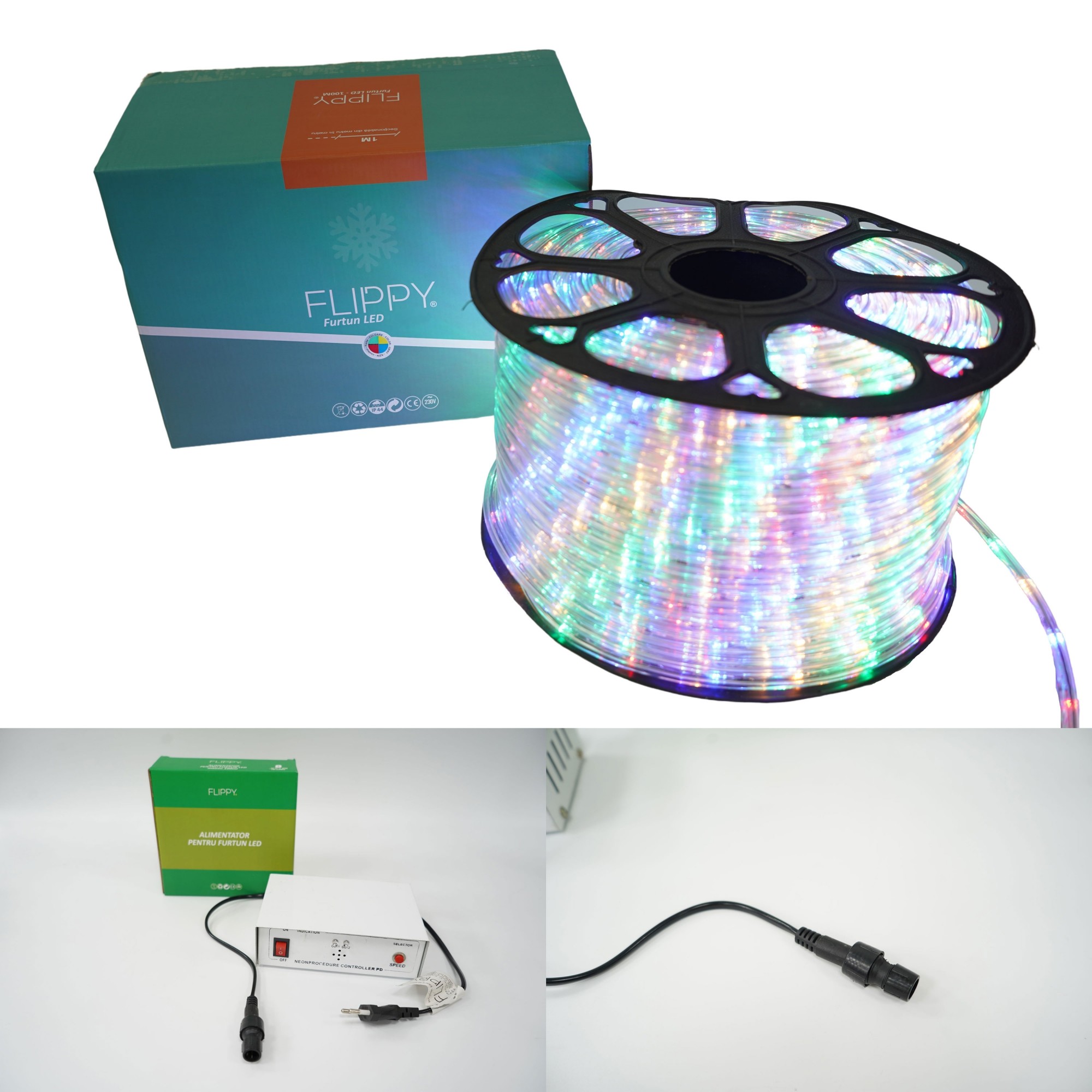 Instalatie Craciun, 69 m, 1656 Led-uri, Furtun Luminos, Multicolor, Transformator, 8 jocuri de lumini, Sectionabila, 220 V, Flippy