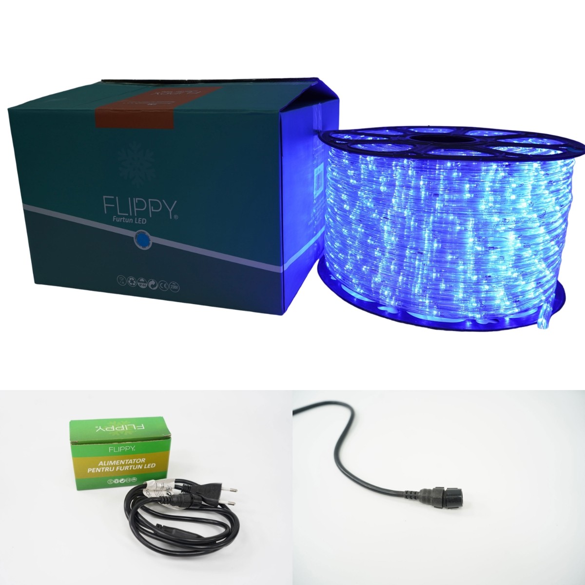 Instalatie Craciun, 17 m, 408 Led-uri, Furtun Luminos, Albastru, Transformator, Sectionabila, 220 V, Flippy