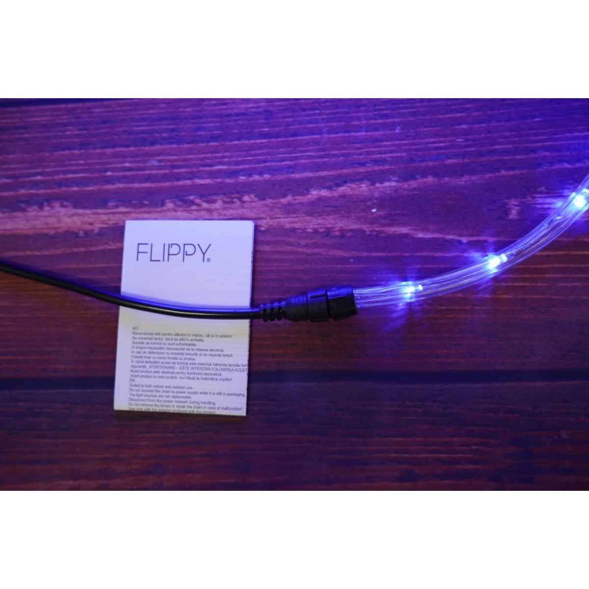 Instalatie Craciun, 3 m, 72 Led-uri, Furtun Luminos, Albastru, Transformator, 8 jocuri de lumini, Sectionabila, 220 V, Flippy