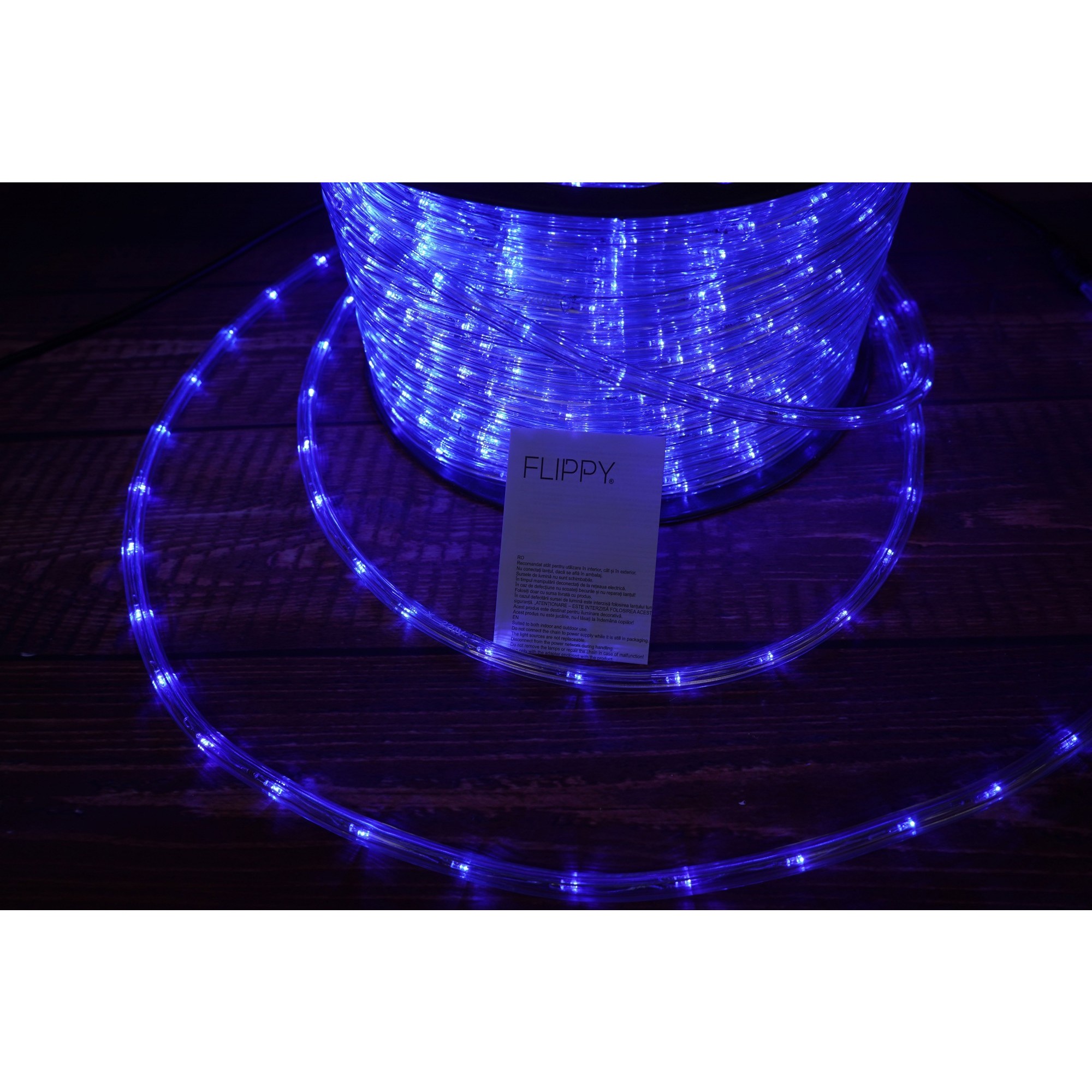 Instalatie Craciun, 9 m, 216 Led-uri, Furtun Luminos, Albastru, Transformator, 8 jocuri de lumini, Sectionabila, 220 V, Flippy