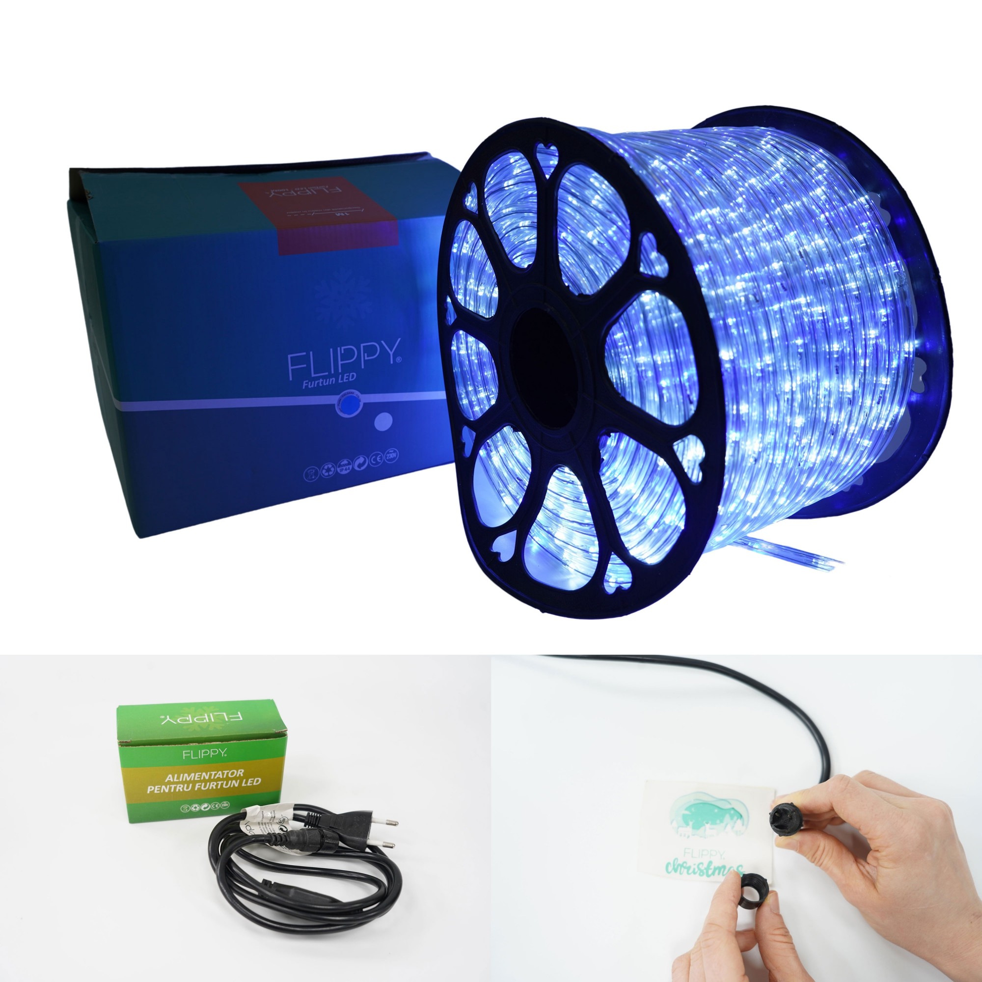 Instalatie Craciun, 11 m, 264 Led-uri, Furtun Luminos, Alb rece/ Albastru, Transformator, Sectionabila, 220 V, Flippy