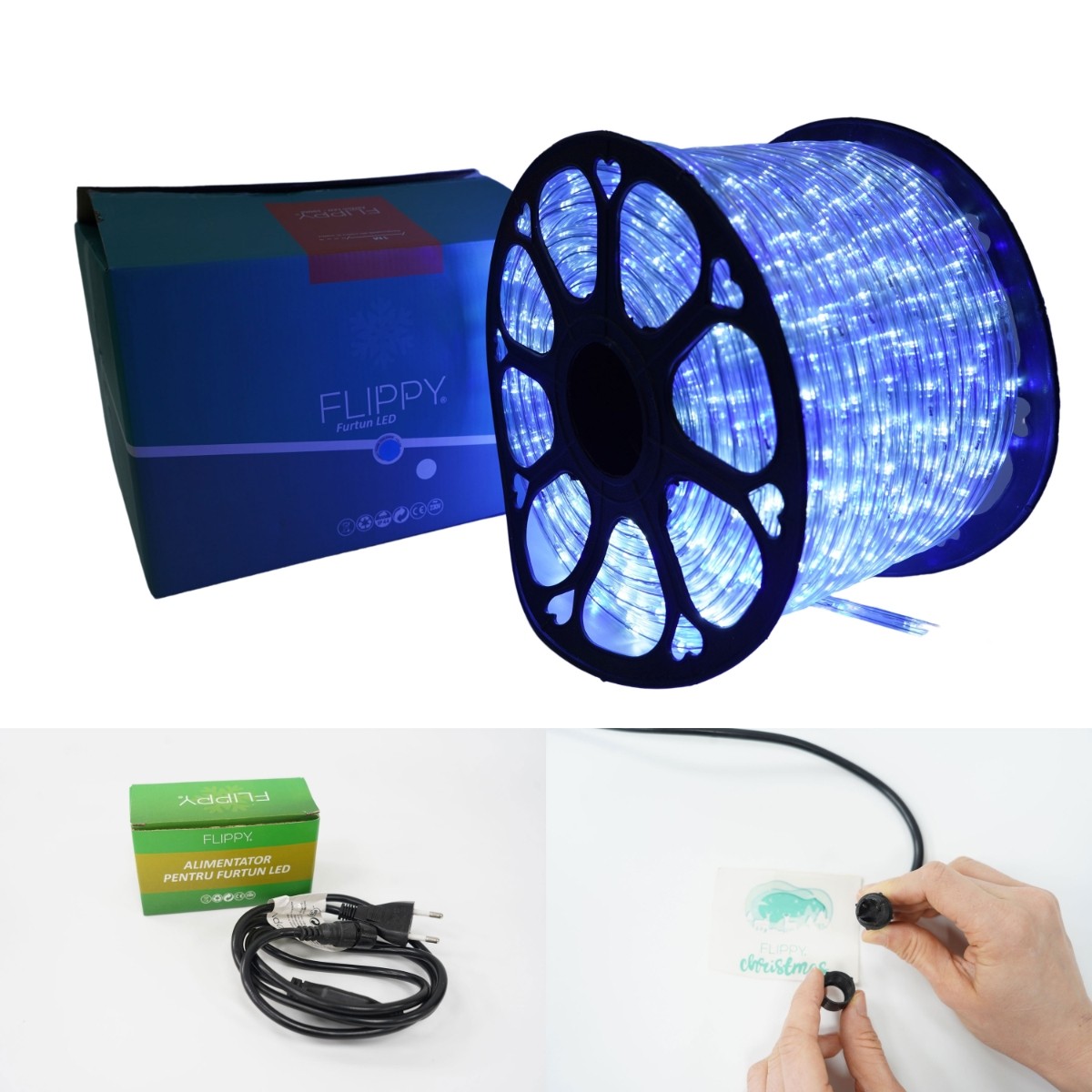 Instalatie Craciun, 11 m, 264 Led-uri, Furtun Luminos, Alb rece/ Albastru, Transformator, Sectionabila, 220 V, Flippy