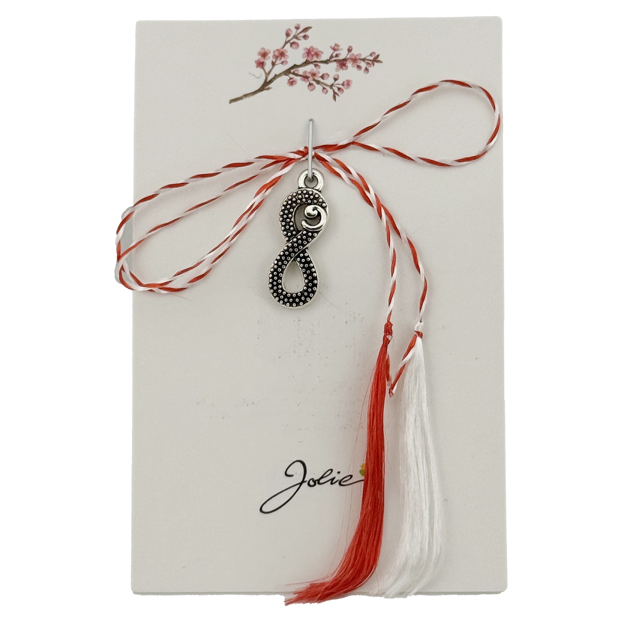 Martisor Traditional, Jolie, Model Infinit, cu Snur Impletit Alb/Rosu, 8.5 x 5.5 cm. Argintiu