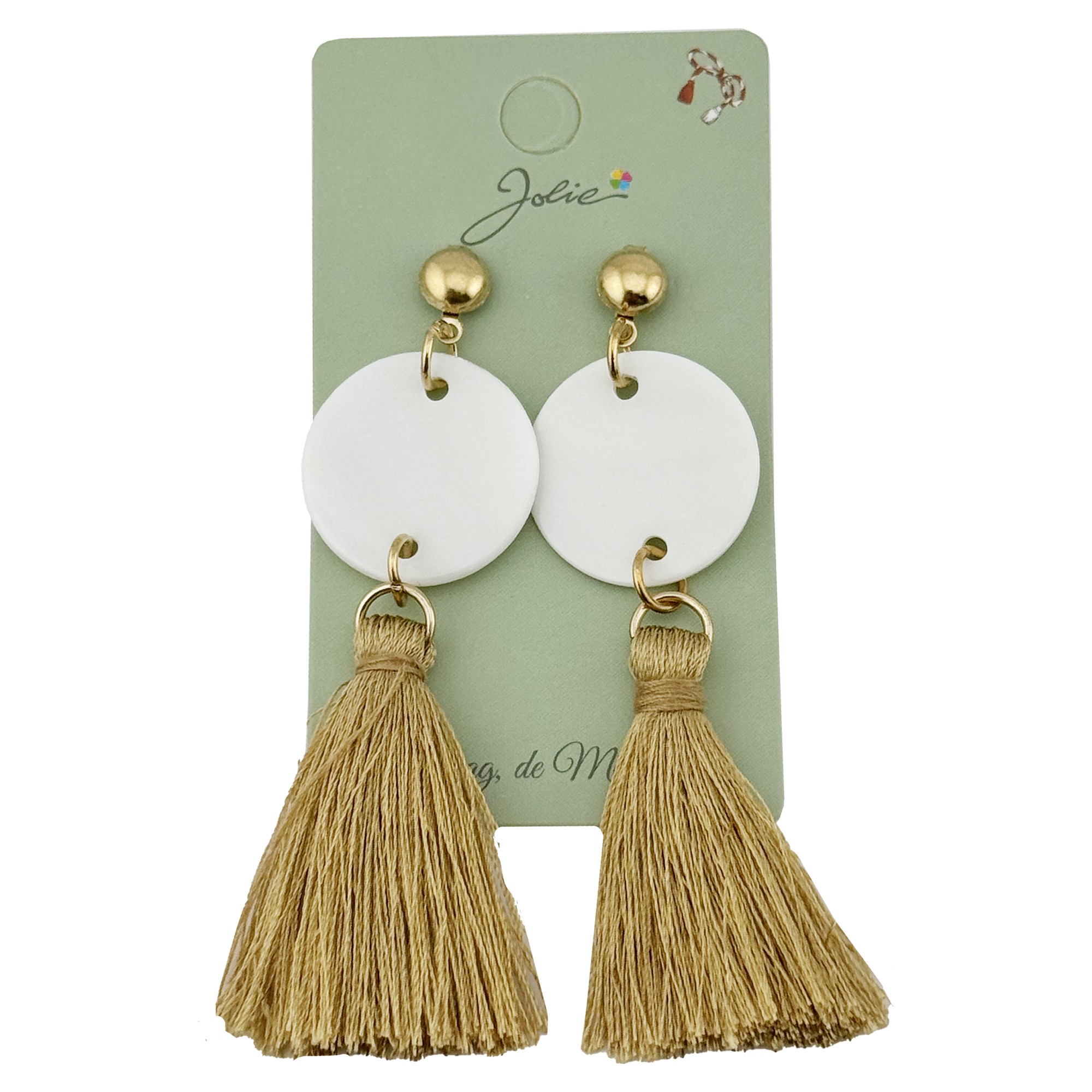 Cercei Dama de Primavara, Jolie, Model cu Ciucuri Aurii si Disc Alb, Eleganti si Moderni, 7 x 2 cm per unitate, Alb/Auriu