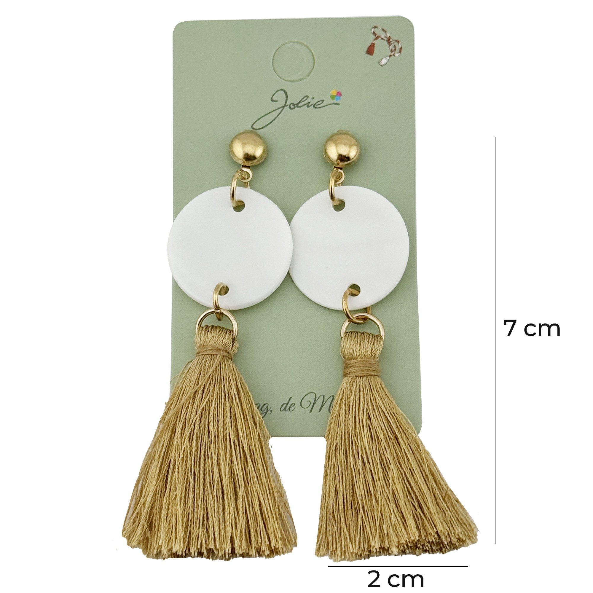 Cercei Dama de Primavara, Jolie, Model cu Ciucuri Aurii si Disc Alb, Eleganti si Moderni, 7 x 2 cm per unitate, Alb/Auriu