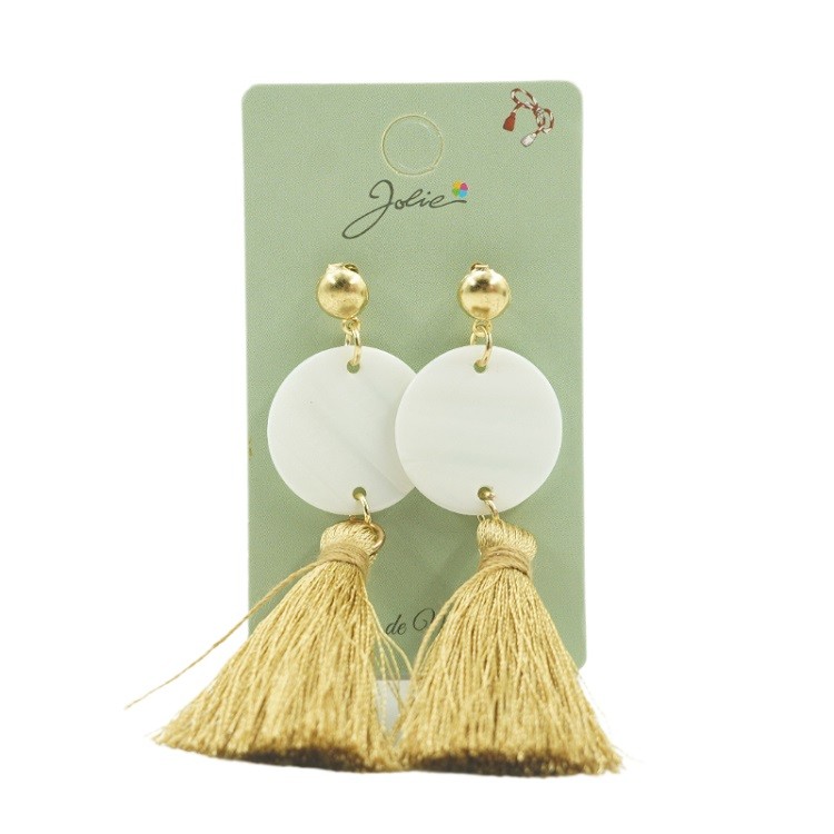 Cercei Dama de Primavara, Jolie, Model cu Ciucuri Aurii si Disc Alb, Eleganti si Moderni, 7 x 2 cm per unitate, Alb/Auriu