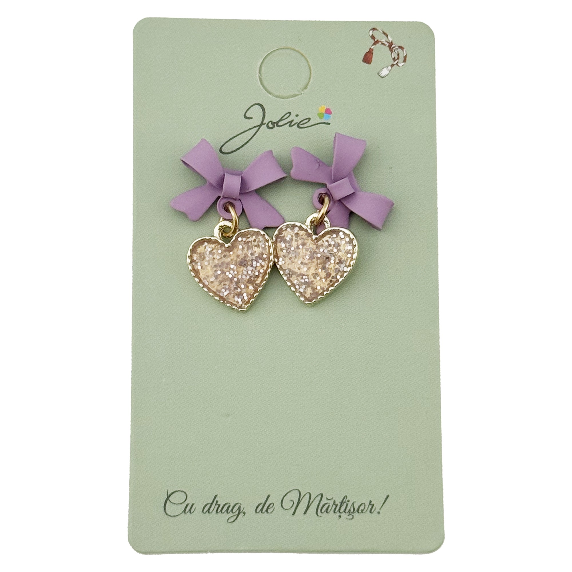 Cercei Dama de Primavara, Jolie, Model inimioare cu Fundita, Eleganti si Moderni, 2.5 x 1.5 cm per unitate, Auriu/Mov