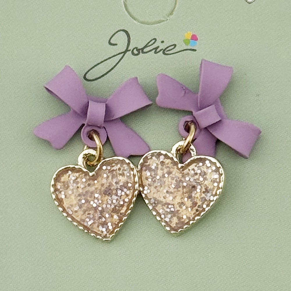 Cercei Dama de Primavara, Jolie, Model inimioare cu Fundita, Eleganti si Moderni, 2.5 x 1.5 cm per unitate, Auriu/Mov