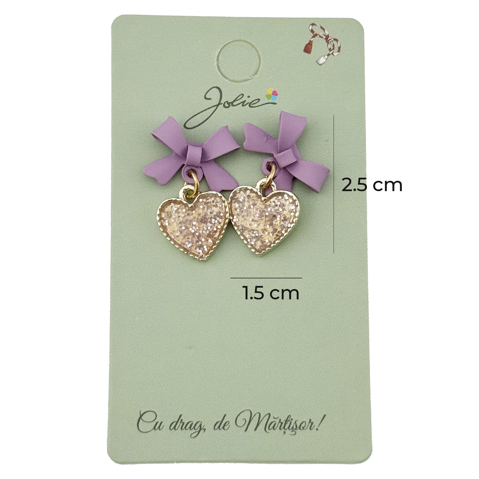 Cercei Dama de Primavara, Jolie, Model inimioare cu Fundita, Eleganti si Moderni, 2.5 x 1.5 cm per unitate, Auriu/Mov