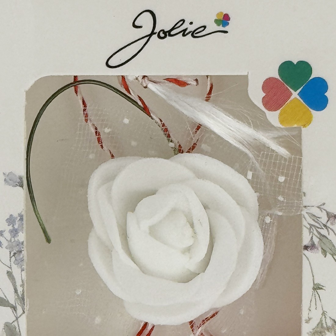 Martisor Motiv Floral, Jolie, Model Trandafir, cu Snur Alb/Rosu, 9 x 5 cm, Alb