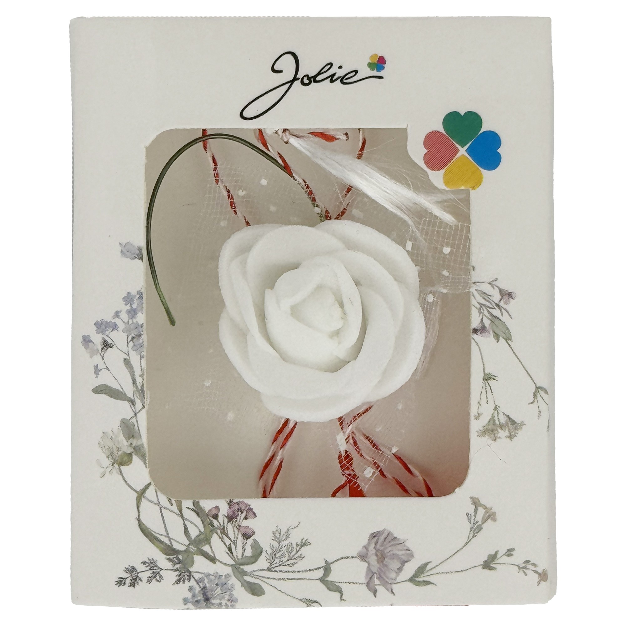 Martisor Motiv Floral, Jolie, Model Trandafir, cu Snur Alb/Rosu, 9 x 5 cm, Alb