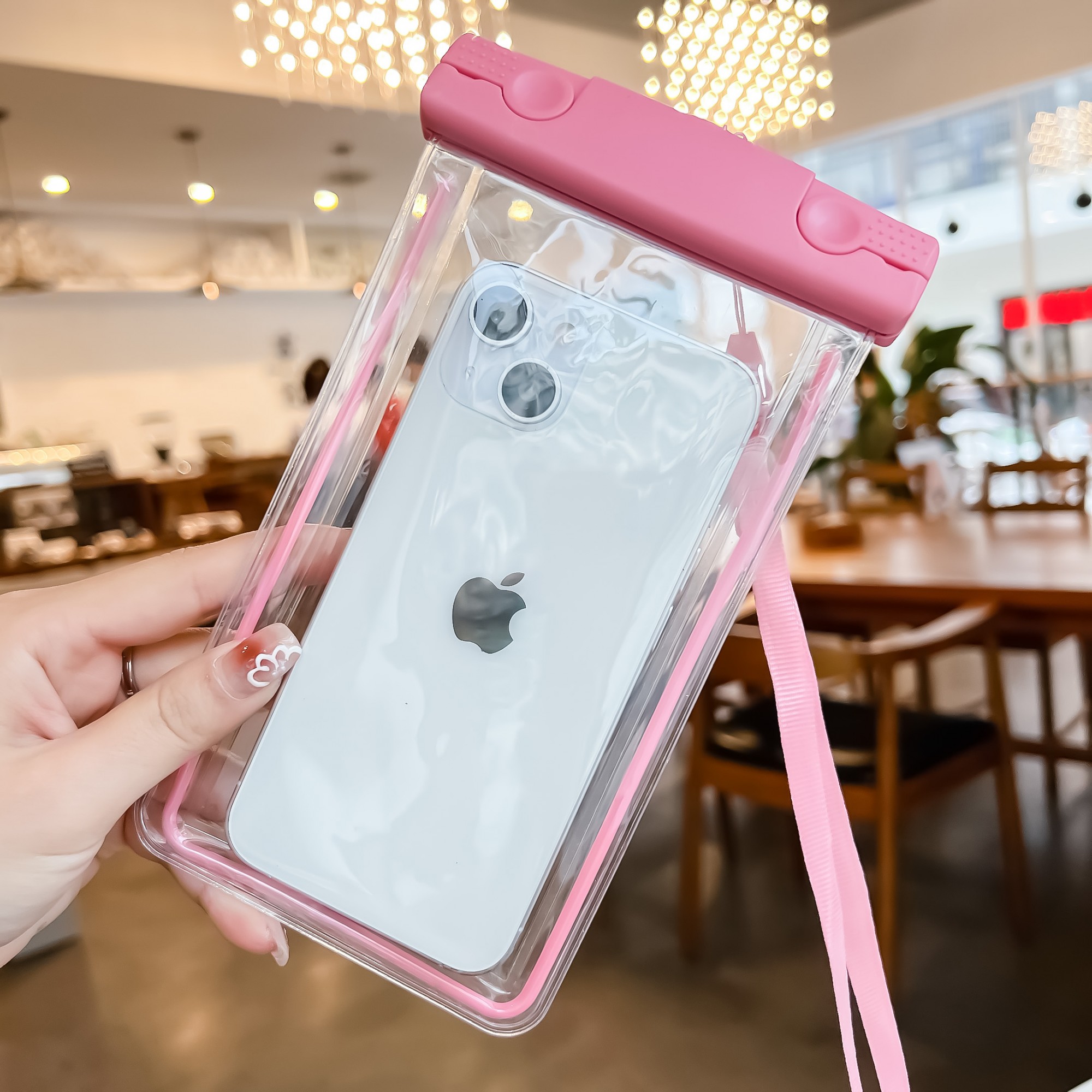 Husa subacvatica Fosforescenta Waterproof Flippy, Snowproof, Lumineaza in intuneric, Universala, cu Snur, pentru telefon sau documente, Roz