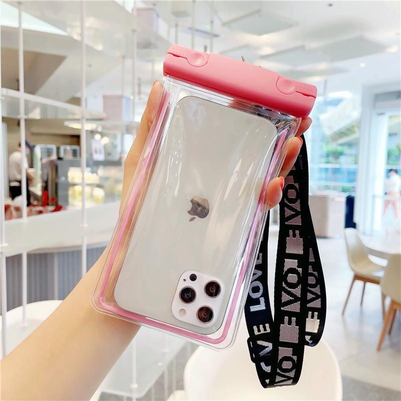 Husa subacvatica Fosforescenta Waterproof Flippy, Snowproof, Lumineaza in intuneric, Universala, cu Snur, pentru telefon sau documente, Roz