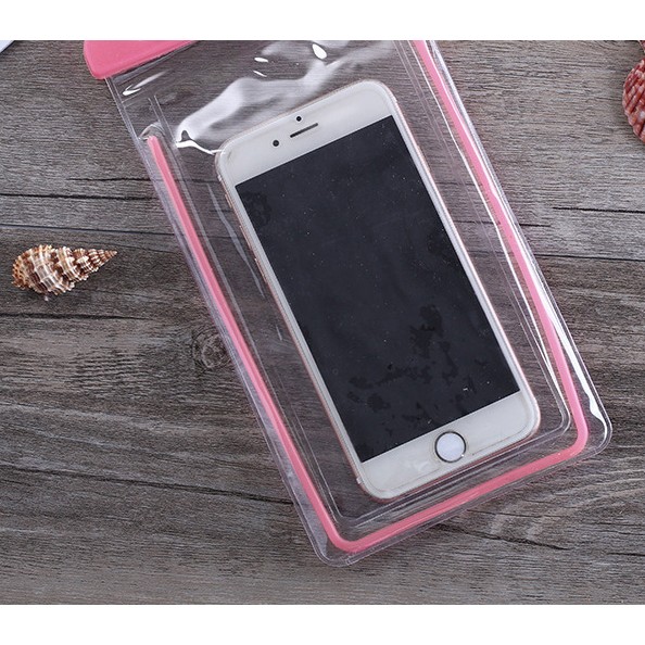 Husa subacvatica Fosforescenta Waterproof Flippy, Snowproof, Lumineaza in intuneric, Universala, cu Snur, pentru telefon sau documente, Roz