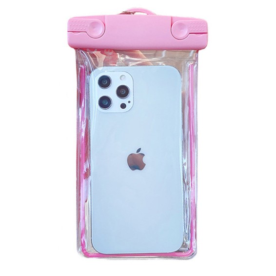 Husa subacvatica Fosforescenta Waterproof Flippy, Snowproof, Lumineaza in intuneric, Universala, cu Snur, pentru telefon sau documente, Roz