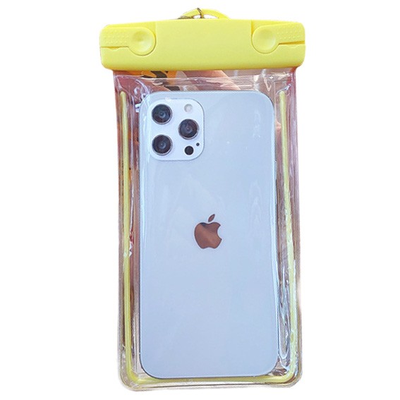 Husa subacvatica Fosforescenta Waterproof Flippy, Snowproof, Lumineaza in intuneric, Universala, cu Snur, pentru telefon sau documente, Galben