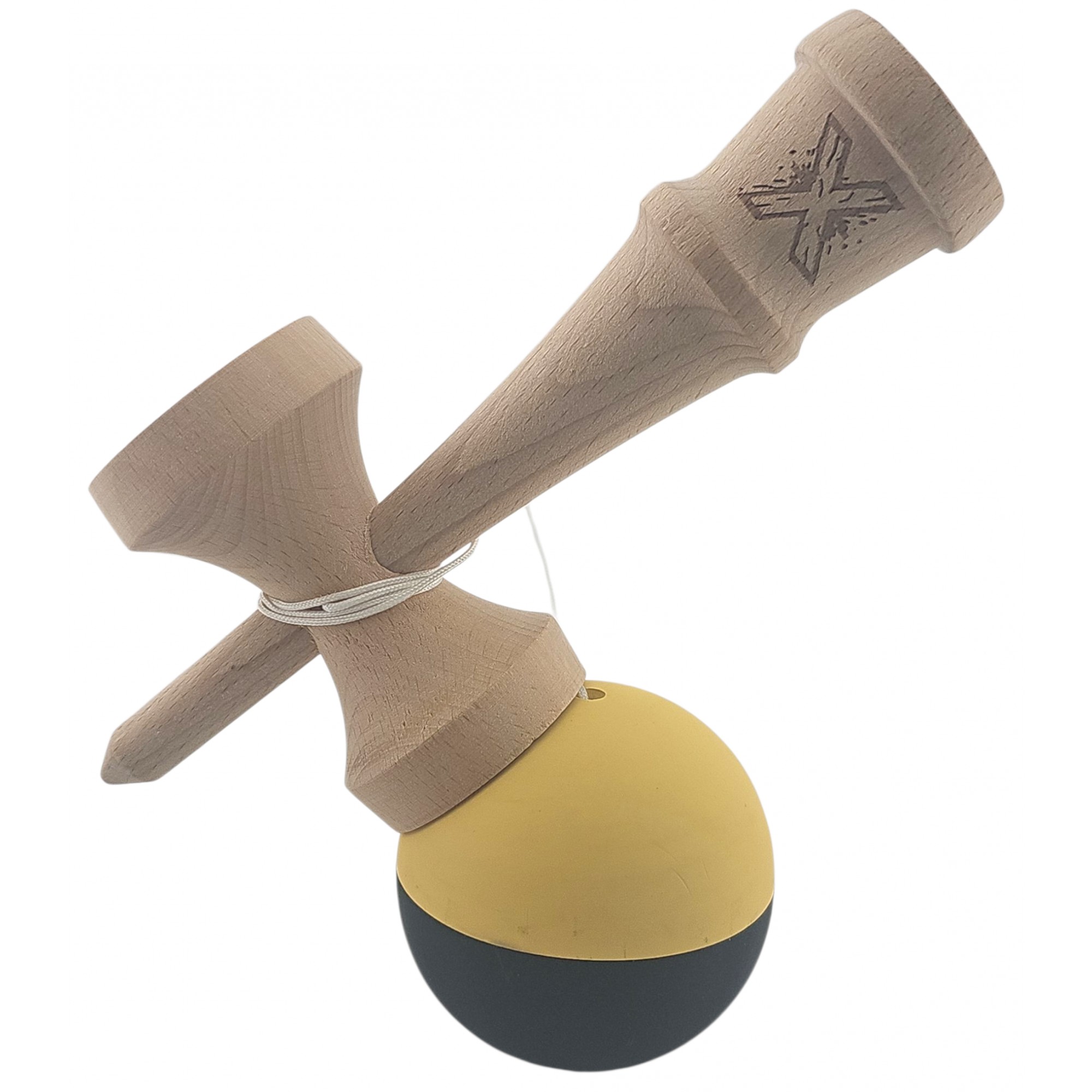 Kendama X Originala, Profesionala, Flippy, din Lemn, Rubber Grip, 18 cm, Galben/Negru