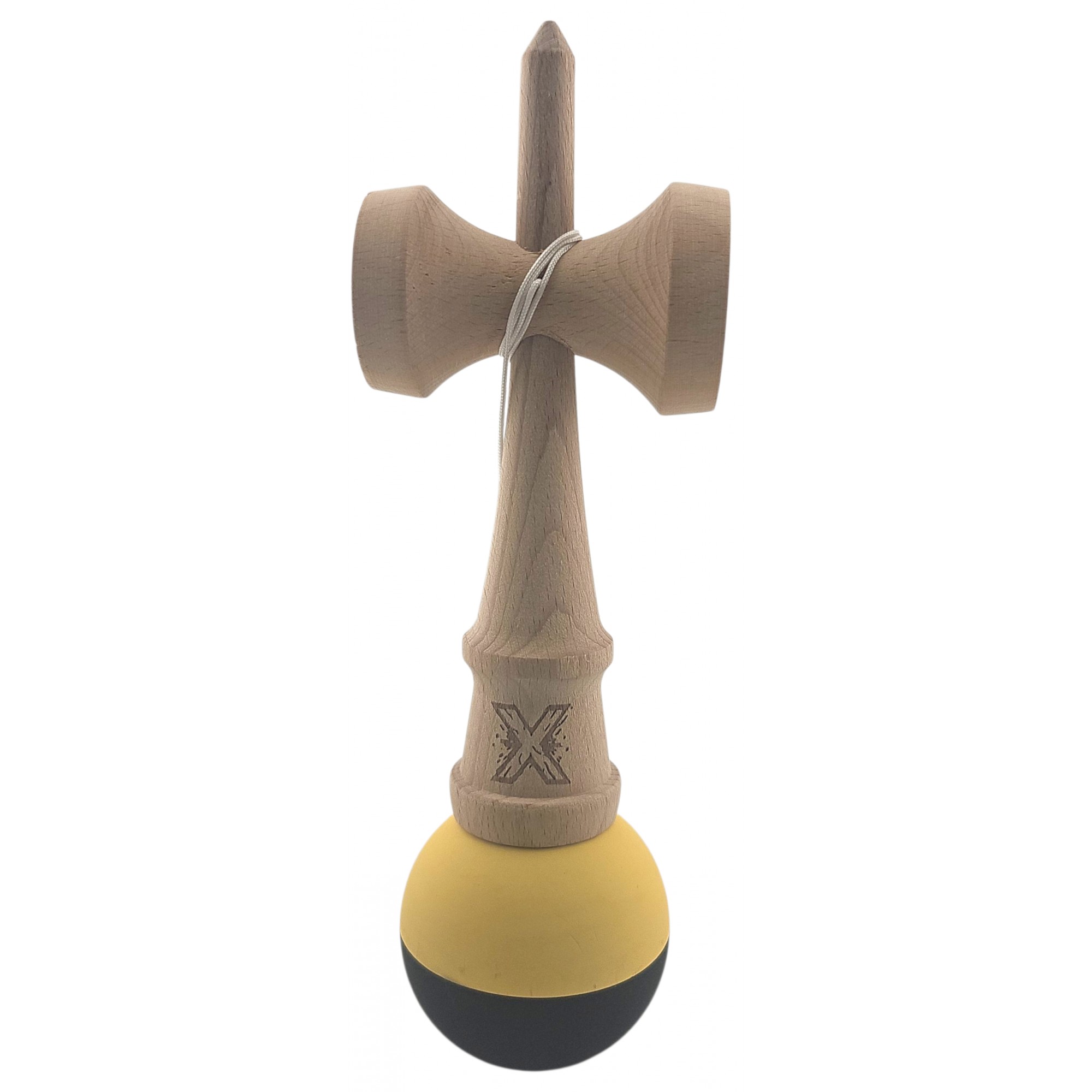 Kendama X Originala, Profesionala, Flippy, din Lemn, Rubber Grip, 18 cm, Galben/Negru
