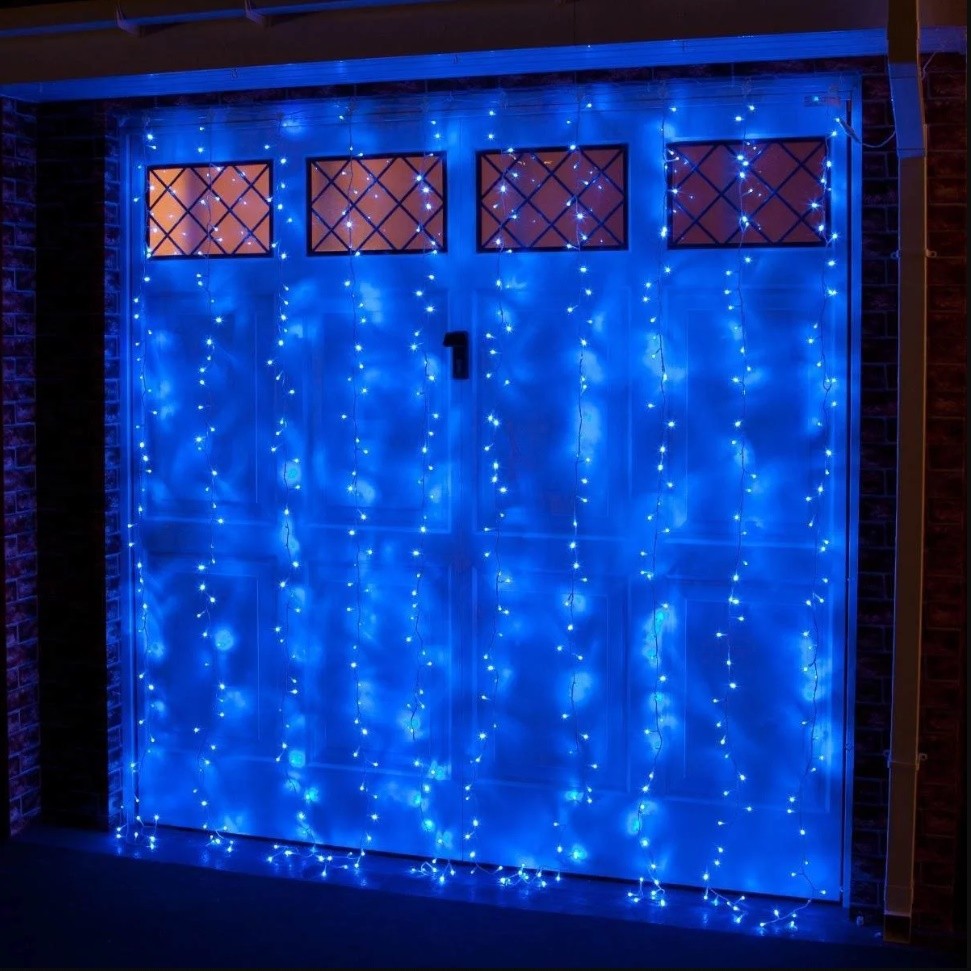 Instalatie de Craciun, Premium Flippy®, Tip Perdea cu Flash, 8 m x 1 m, 360 Leduri Mari, Albastru, Interconectabila
