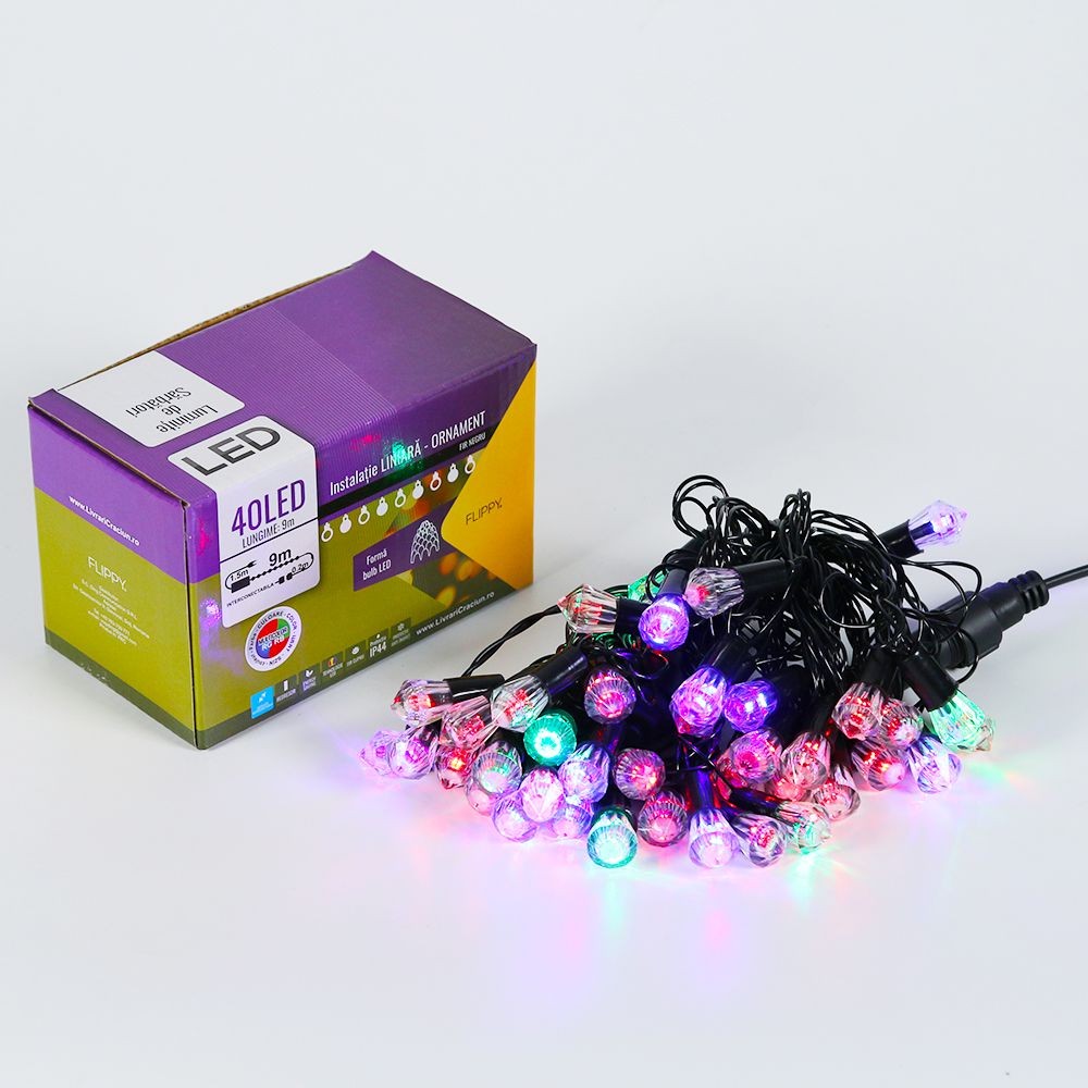 Instalatie de Craciun, Flippy®, Tip Liniara, 9 m, 40 LED-uri, Model Cristal, Interconectabila, Multicolor