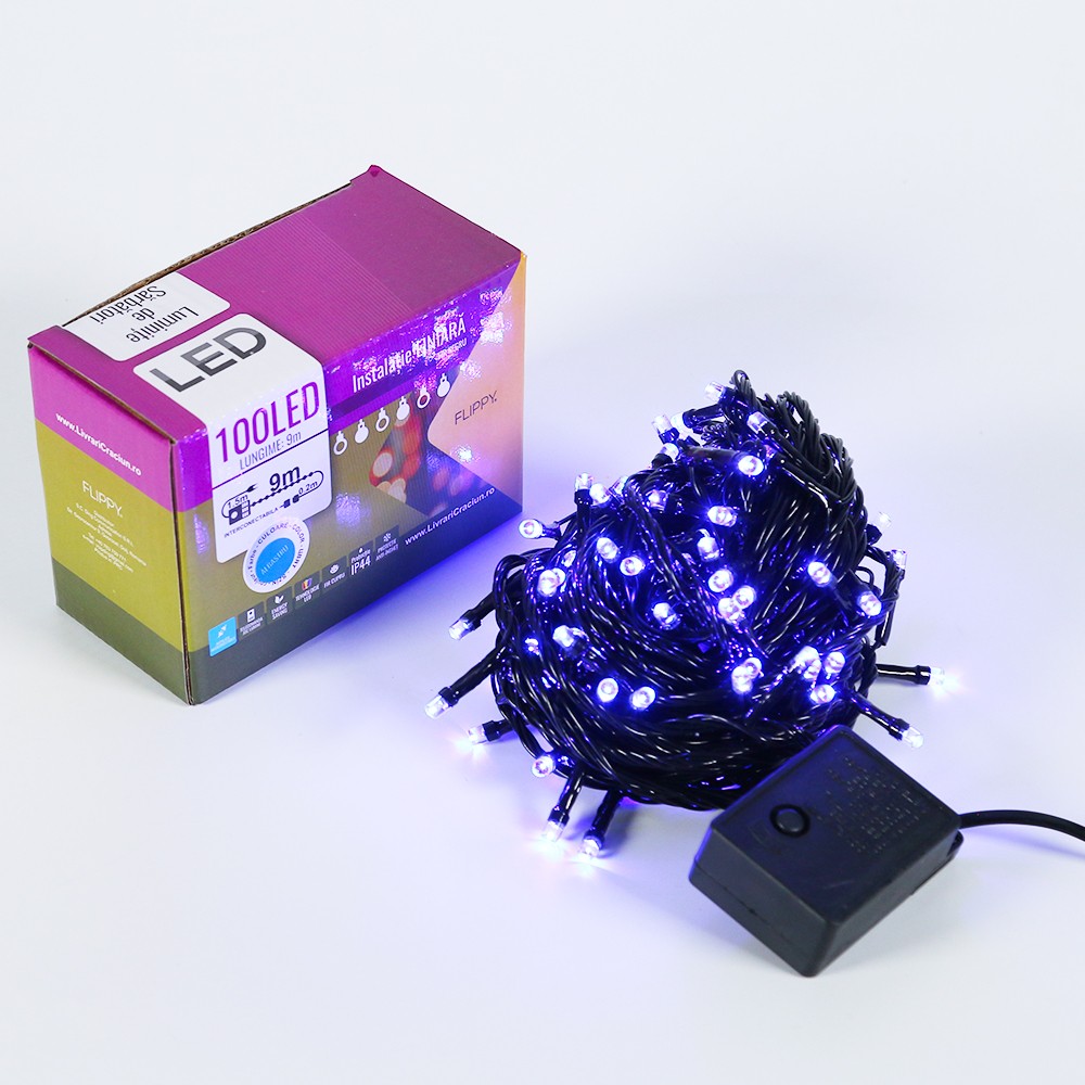 Instalatie de Craciun, Flippy®, Tip Liniara, Fir Negru, 9 m, 100 LED -uri, Interconectabila, Albastru