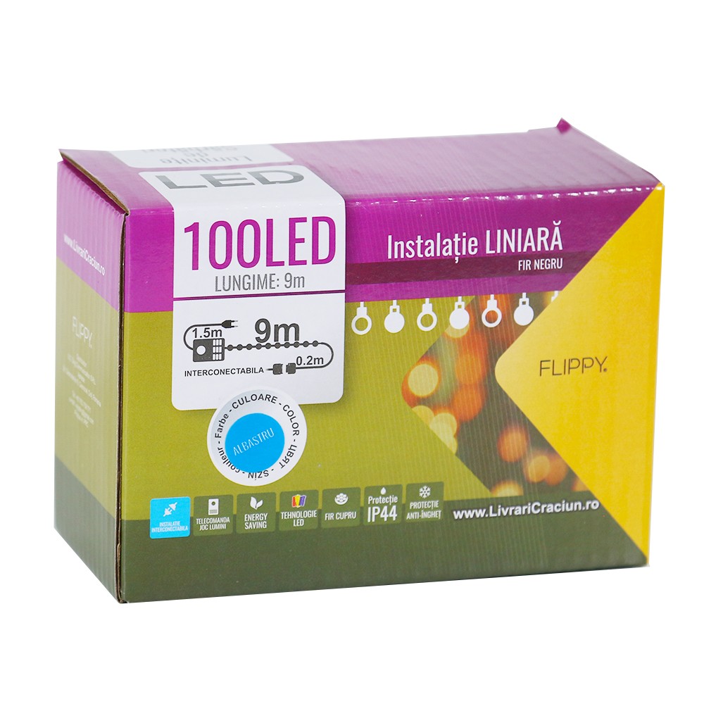 Instalatie de Craciun, Flippy®, Tip Liniara, Fir Negru, 9 m, 100 LED -uri, Interconectabila, Albastru