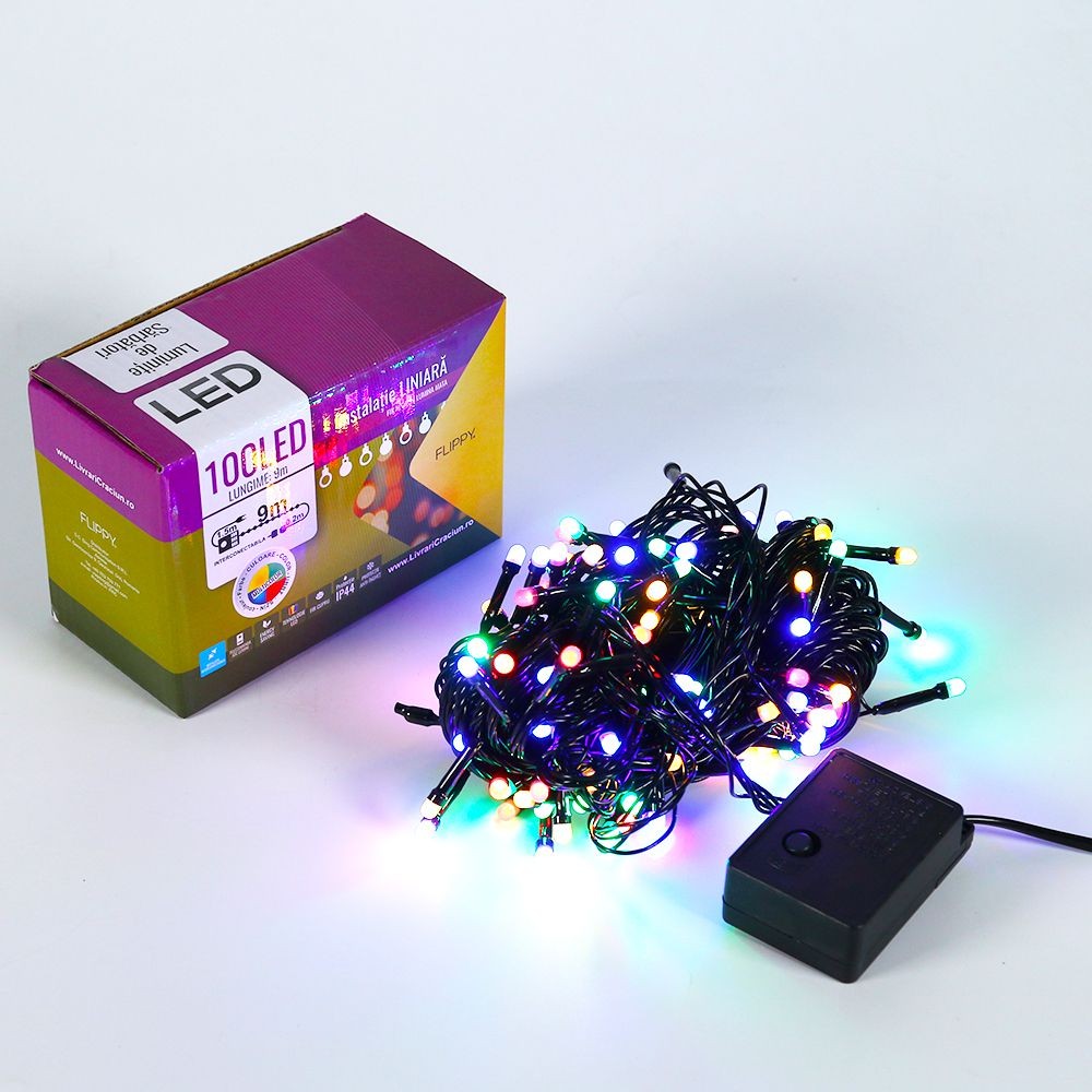 Instalatie de Craciun, Flippy®, Tip Liniara, 9 m, 100 LED-uri, Interconectabila, Lumina Mata, Multicolor