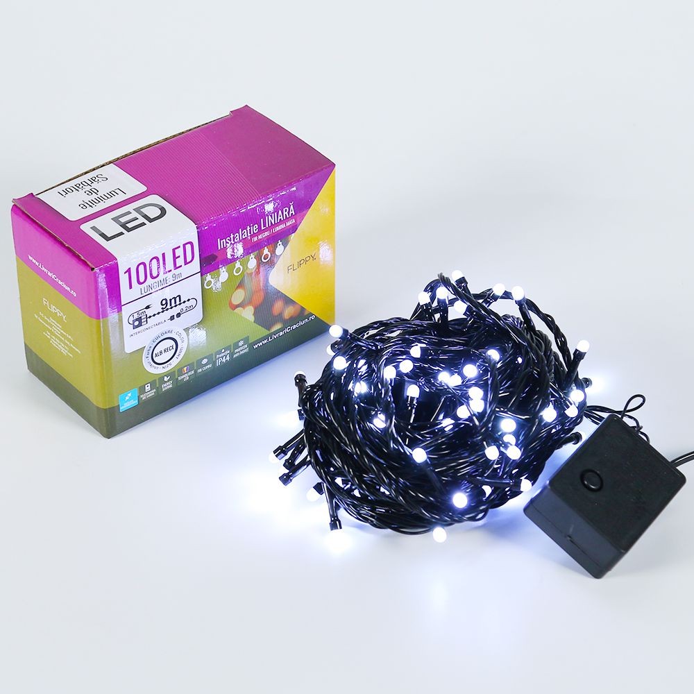 Instalatie de Craciun, Flippy®, Tip Liniara, 9 m, 100 LED-uri, Interconectabila, Lumina Mata, Alb Rece
