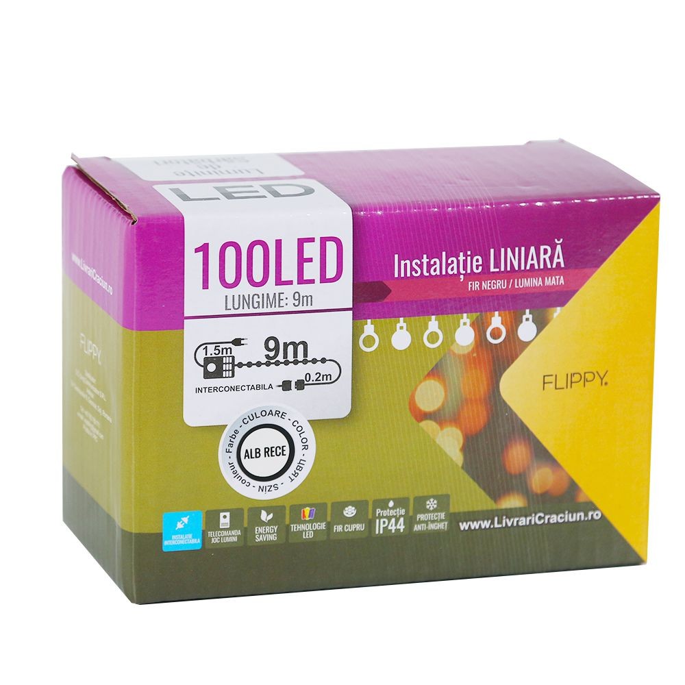 Instalatie de Craciun, Flippy®, Tip Liniara, 9 m, 100 LED-uri, Interconectabila, Lumina Mata, Alb Rece