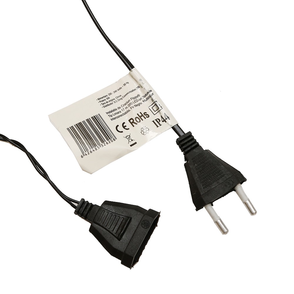 Instalatie de Craciun Flippy® Tip Liniara, Fir Negru, 17 m, 200 LED-uri Mici Rotunde, Interconectabila, Multicolor