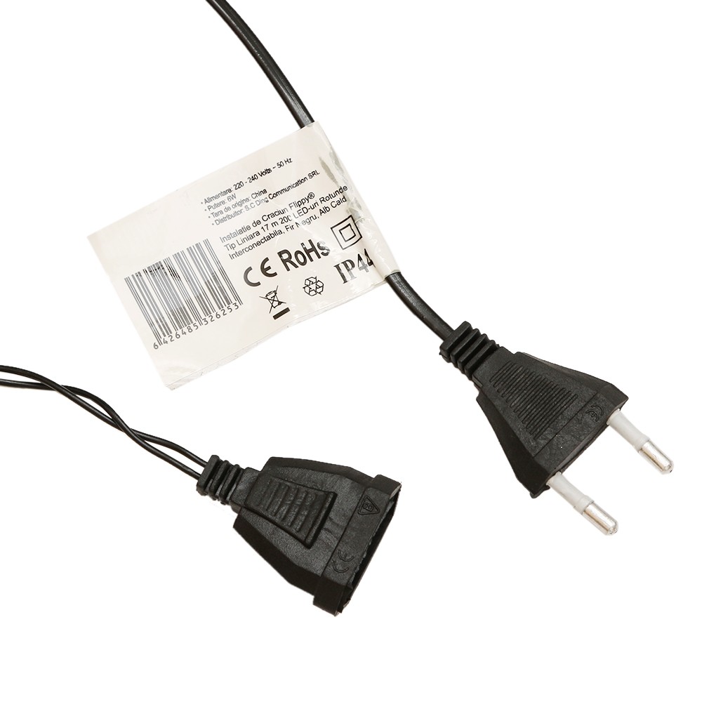 Instalatie de Craciun Flippy® Tip Liniara, Fir Negru, 17 m, 200 LED-uri Mici Rotunde, Interconectabila, Alb Cald